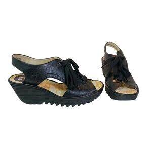 $165 Fly London YLFA Black Leather Platform Wedge Sandals Size 7.5 US 38 EU NEW